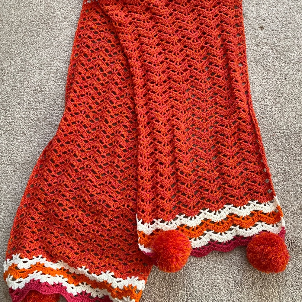 Handmade Crochet Chevron Sofa Throw Blanket Orange White Pink Pom Poms Retro